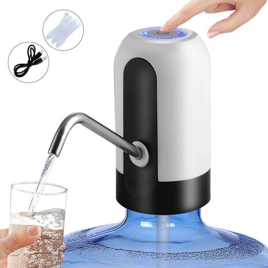 Electric Water Dispenser Pump, USB Rechargeable Water Pump with a Push Button and Angled Metal Spout, Compact White and Black Design for Home and Office Refills