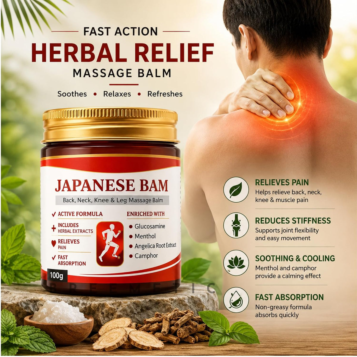 Japanese Formula Soothing Massage Gel, 100g, Pack of 2.Joint & Muscle Pain Relief, Arnica, Mugwort, Hyaluronic Acid, Back, Neck, Knee & Leg, 100% Herbal, Fast Absorption Formula