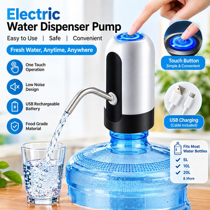 Electric Water Dispenser Pump, USB Rechargeable Water Pump with a Push Button and Angled Metal Spout, Compact White and Black Design for Home and Office Refills