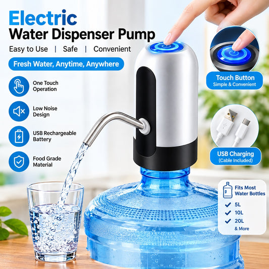 Electric Water Dispenser Pump, USB Rechargeable Water Pump with a Push Button and Angled Metal Spout, Compact White and Black Design for Home and Office Refills